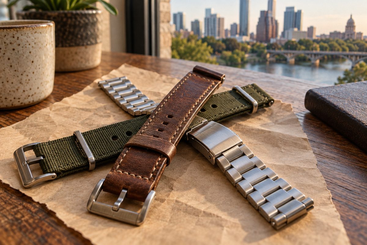 Leather, textile and steel interchangeable watch straps