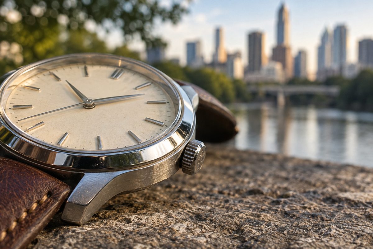 Polished case edge and cream dial detail on Linea 34