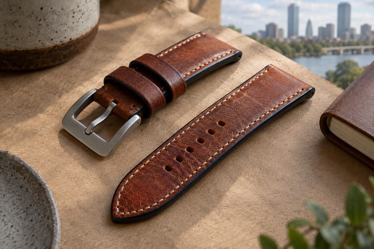 Rust leather replacement watch strap with contrasting edge